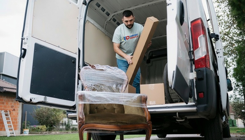 Courier loading furniture and boxed items into van