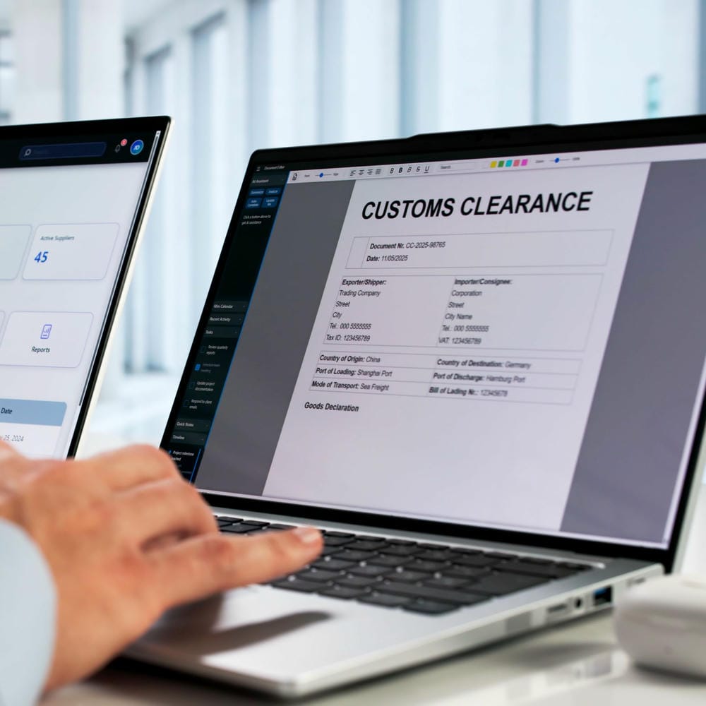 Customs clearance documents being processed on laptop